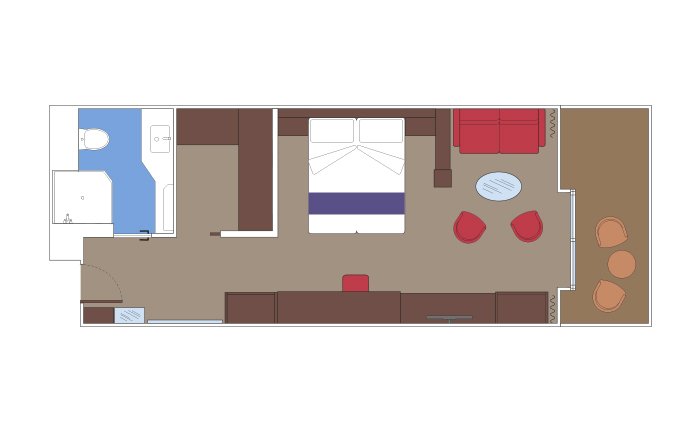Spacious cruise cabin layout with double bed, sitting area, and private bathroom | MSC Cruises Spacious cruise cabin layout with double bed, sitting area, and private bathroom | MSC Cruises
